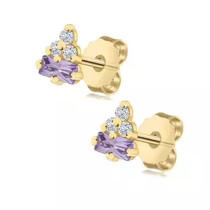 9K sárga arany fülbevaló - lila téglalap alakú cirkónia, három átlátszó kerek cirkónia kép