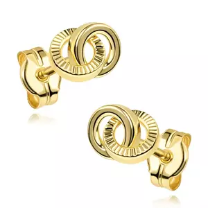 14K arany fülbevalók egymásba kapcsolt karikák sima és bordázott felülettel kép