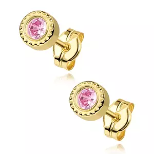 9 karátos arany fülbevaló rózsaszín cirkóniával és díszes szegéllyel kép