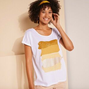 Egyenes nyakú póló kerek nyakkal, művészi csíkos mintával kép