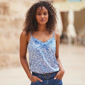 Hímzett top keskeny pántokkal, nyomtatott mintával kép