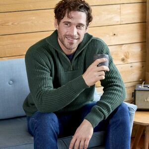 Állógalléros, cipzáras pulóver, sima kötésű, 30% gyapjúból kép