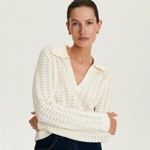 Reserved - Áttört mintájú pulóver gallérral - Krém kép