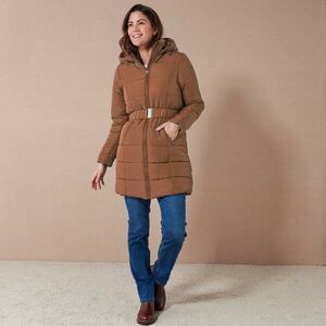 Vízálló, hosszú, steppelt kabát övvel, cipzárral kép