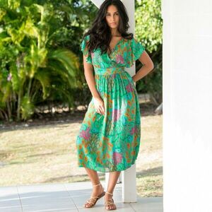 Crepon midi ruha crossover nyakkivágással és mintával kép