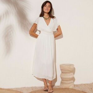 Egyszínű krepp midi ruha keresztbe húzott nyakkivágással kép