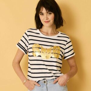 Csíkos póló, kerek nyakkal és rövid ujjakkal, Sun nyomtatással kép