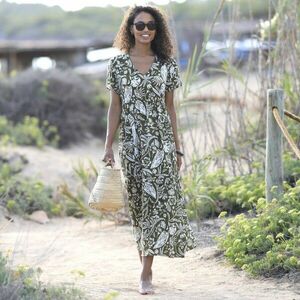 Crepon hosszú ruha V-nyakkal és nyomtatással kép