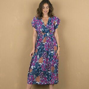 Crepon midi ruha átlapolós nyakkivágással és színes nyomattal kép