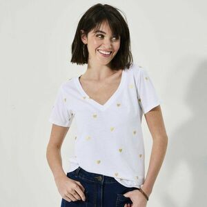 V-nyakú, rövid ujjú póló, all-over szív nyomtatással kép