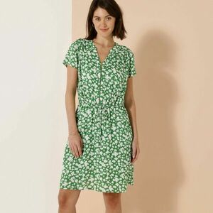 Rövid ruha cipzáras nyakkivágással és rövid ujjakkal, kreponból készült, nyomtatott mintával kép