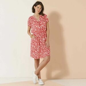 Rövid ruha cipzáras nyakkivágással és rövid ujjakkal, kreponból készült, nyomtatott mintával kép