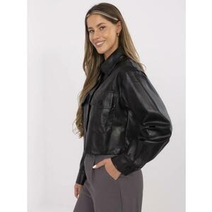 Fekete rövid kabát öko bőrből, gallérral kép