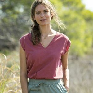 Egyszínű V-nyakú póló pamut/vászon keverékből kép