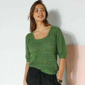 Egyszínű pulóver szögletes nyakkivágással, áttört mintával kép