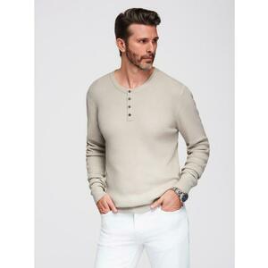 Férfi csíkos pulóver gombokkal a nyakkivágásnál – bézs V3 OM-SWSW-0182 kép