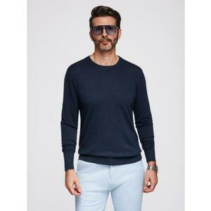 Férfi pulóver kerek nyakú, rugalmas kötésű, klasszikus mintával – sötétkék V1 OM-SWSW-0183 kép