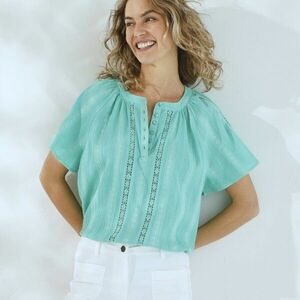 Egyszínű, rövid ujjú, egyszínű blúz makramé csíkokkal kép