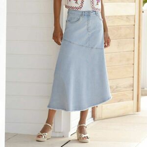 Aszimmetrikus szabású, szélesített farmer midi szoknya kép