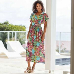 Crepon midi ruha crossover nyakkivágással és mintával kép