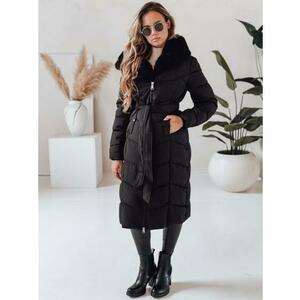 Női hosszú steppelt téli kabát szőrme gallérral, fekete kép