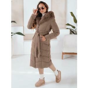 Női hosszú, steppelt téli kabát szőrme gallérral, sötétbarna kép