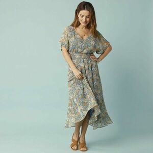 Hosszú, V-nyakú, nyomtatott ruha, kis alakúaknak kép