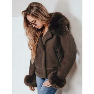 Női műbőr kabát szőrme gallérral, bézs kép