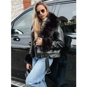 Női motoros kabát szőrme gallérral, fekete kép