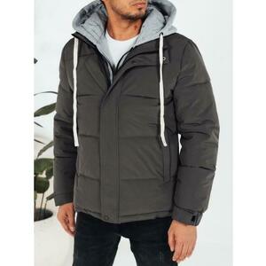 Férfi téli steppelt kabát kapucnival, sötét szürke kép