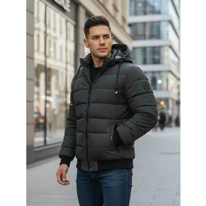 Férfi téli steppelt kabát kapucnival sötétszürke színben kép