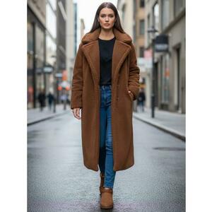 Női téli kabát, hosszú szőrme béléssel, kamel színű kép