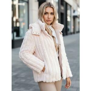 Női prémes bunda kapucnival, rózsaszín kép