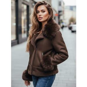Női műbőr kabát szőrme béléssel, barna kép