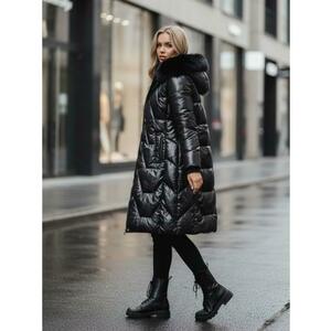 Női hosszú steppelt téli kabát ELECIO kapucnival, fekete kép
