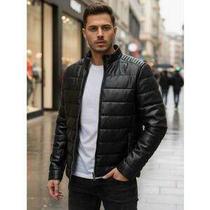 Férfi fekete steppelt műbőr téli kabát kép