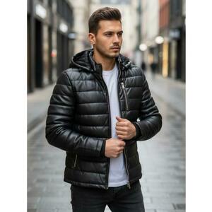 Férfi fekete steppelt téli kabát műbőrből kép