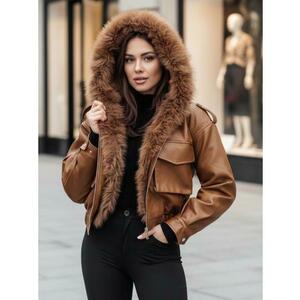 Női műbőr kabát szőrme gallérral SOFTREBEL, barna kép