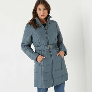 Vízálló, hosszú, steppelt kabát övvel, cipzárral kép