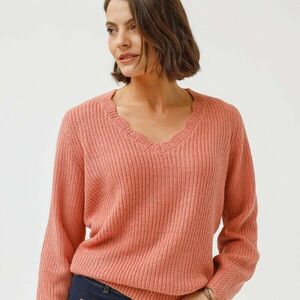 V-nyakú pulóver, sima kötésű anyagból kép