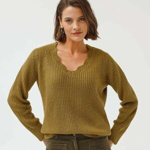 V-nyakú pulóver, sima kötésű anyagból kép