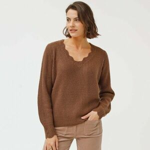 V-nyakú pulóver, sima kötésű anyagból kép