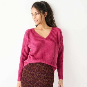 Laza pulóver egyszínű mintával és V-nyakkal, moherszerű tapintású kép