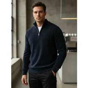 Férfi sötétkék pulóver gallérral kép