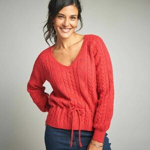 Áttört pulóver V-nyakkal és fonott mintával kép