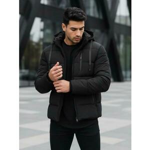 Férfi téli steppelt kabát kapucnival, fekete kép