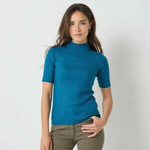 Bordázott pulóver rövid ujjakkal és állógallérral kép