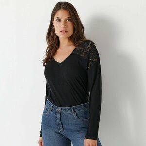 V-nyakú, hosszú ujjú, csipkés póló kép