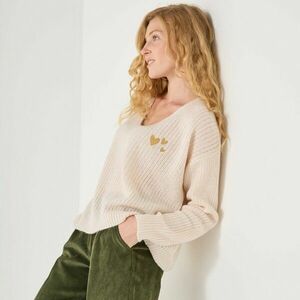 Laza V-nyakú pulóver hímzéssel kép