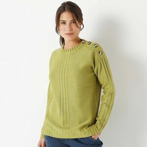 Vállán gombbal ellátott pulóver, műanyag mintás kötött anyagból kép